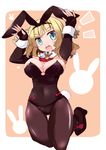  animal_ears blonde_hair bow bowtie breasts bunny_ears bunny_pose bunny_tail bunnysuit detached_collar fingerless_gloves gloves green_eyes highres jumping large_breasts pantyhose saionji_usagi shirogane_(platinum) short_hair solo tail taimadou_gakuen_35_shiken_shoutai thick_thighs thigh_gap thighs wrist_cuffs 