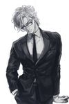  bad_id bad_pixiv_id bespectacled bouquet caesar_anthonio_zeppeli facial_mark flower formal glasses greyscale highres jojo_no_kimyou_na_bouken macaroni_(piyo4508) male_focus monochrome solo suit 