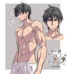  black_hair brown_eyes cat fighting_stance glowing glowing_eyes male_focus muscle open_mouth original short_hair suzutsuki_kurara sweat torso 