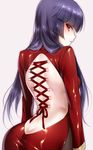  ass back bangs barbell_piercing black_legwear blue_hair blunt_bangs blush body_piercings butt_crack corset_piercing dress hime_cut hizuki_akira long_hair long_sleeves looking_at_viewer looking_back multiple_piercings natsume_(pokemon) pantyhose piercing pokemon pokemon_(game) purple_hair red_dress red_eyes ribbon shiny shiny_clothes side_slit simple_background solo taut_clothes taut_dress 
