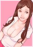  bad_id bad_pixiv_id breasts brown_eyes brown_hair cleavage dutch_angle kusagami_style large_breasts long_hair mole mole_under_eye original parted_lips pink_background short_sleeves simple_background solo upper_body 