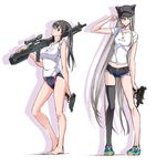  barefoot black_hair cabbie_hat green_hair gun hair_over_one_eye handgun hat long_hair looking_at_viewer machine_pistol mini_uzi multiple_girls original pistol red_eyes rifle shoes short_shorts shorts single_thighhigh smile sneakers sniper_rifle submachine_gun suzutsuki_kurara swimsuit swimsuit_under_clothes thighhighs twintails very_long_hair weapon 