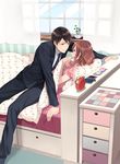  1girl alarm_clock bad_id bad_pixiv_id bed black_hair blush brown_eyes brown_hair candle cellphone clock couple curtains drawer hetero katakura_ritsuka katase_waka looking_at_another mochizuki_akifumi my_fair_honey nightstand notebook open_mouth pajamas phone plant vase window 