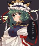  blush crossed_arms downscaled frown green_eyes green_hair hat hat_ribbon highres long_sleeves looking_at_viewer md5_mismatch puffy_sleeves resized ribbon serious shiki_eiki shirt short_hair solo speech_bubble text_focus touhou translated turtleneck upper_body usamata vest wide_sleeves 