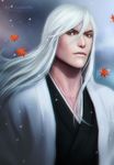  2015 artist_name autumn_leaves bleach blurry brown_eyes expressionless floating_hair hair_between_eyes haori highres japanese_clothes kimono leaf long_hair looking_at_viewer male_focus maple_leaf realistic snowing solo ukitake_juushirou upper_body white_hair zetsuai89 