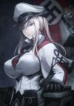  breasts celtic_knot cross flag gloves graf_zeppelin_(kantai_collection) hair_between_eyes hat hetza_(hellshock) impossible_clothes impossible_shirt jacket kantai_collection large_breasts long_sleeves looking_at_viewer nazi_flag necktie peaked_cap shirt solo swastika 