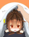  1girl @_@ blush brown_eyes brown_hair commentary_request gurantsu highres inazuma_(kantai_collection) kantai_collection lifting_covers lying on_stomach open_mouth out_of_frame school_uniform serafuku solo_focus under_covers wavy_mouth 