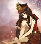 bad_feet bad_id bad_pixiv_id barefoot breasts brown_hair cape cleavage family_crest fate/grand_order fate_(series) feet hair_over_breasts hat highres knee_to_chest knee_up koha-ace long_hair looking_at_viewer medea@nae medium_breasts naked_cape oda_nobunaga_(fate) oda_uri petals red_eyes sitting smile solo 
