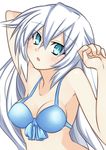  aqua_eyes bare_shoulders black_heart blue_eyes blush breasts cleavage long_hair looking_at_viewer medium_breasts meimu_(infinity) neptune_(series) solo swimsuit symbol-shaped_pupils white_hair 