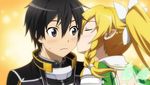  1girl :_code_register black_eyes black_hair blonde_hair cheek_kiss closed_eyes game_cg hetero kirito kiss leafa leafa_(sao:im) long_hair official_art sword_art_online sword_art_online:_hollow_fragment 