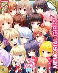  6+girls :o ;d black_hair blonde_hair blue_eyes blue_hair blue_sky border bow bowtie braid brown_eyes brown_hair building chloe_lemaire clenched_hand day double_v earrings english face girlfriend_(kari) green_eyes hair_between_eyes hair_bow hair_ornament hair_ribbon hairclip hands_together himejima_kinoko jewelry kagami_matsuri kagurazaka_saya kamijou_rui_(gf_kari) kazemachi_haruka looking_at_another mochizuki_erena multiple_girls murakami_fumio official_art one_eye_closed open_mouth peeking_out pink_hair ponytail purple_hair qp:flapper red_bow red_hair ribbon sakurai_akane_(girlfriend) sasahara_nonoka scared school school_uniform shiina_kokomi shiranui_isuzu side_ponytail single_braid sky smile sparkling_eyes sweatdrop tokitani_koruri twintails upper_body v v_over_eye wavy_mouth yuuki_nae 