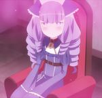  blush chair curly_hair hair_twirling highres lapis_lazuli_(taimadou_gakuen) purple_eyes purple_hair screencap sparkle taimadou_gakuen_35_shiken_shoutai 