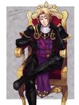  armor armored_boots blonde_hair boots fire_emblem fire_emblem_if gauntlets gloves hashiko_(neleven) male_focus marks_(fire_emblem_if) red_eyes sitting solo throne 