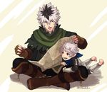  asura_(fire_emblem_if) barefoot black_hair boots father_and_son fire_emblem fire_emblem_if full_body gloves hashiko_(neleven) kanna_(fire_emblem_if) kanna_(male)_(fire_emblem_if) multicolored_hair multiple_boys open_mouth red_eyes sitting two-tone_hair white_background white_hair 