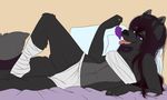  anthro bed black_fur breasts canine clothed clothing fangs female fur grey_fur half-closed_eyes inside kammymau lying mammal navel on_back open_mouth pillow skimpy smile solo teeth thick_thighs tongue tongue_out 