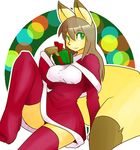  anthro breasts brown_hair canine christmas clothing female fox fur gift green_eyes hair holidays japanese kemono legwear long_hair mammal novsilv solo stockings yellow_fur 