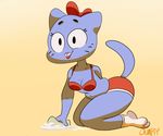  anthro bikini bikini_top blue_fur bumpty butt cat cleaning clothing feline female fur hair_bow legwear mammal mature_female mother navel nicole_watterson parent shorts smile socks solo swimsuit the_amazing_world_of_gumball 