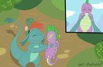 2014 anthro blush brown_hair bush caluriri cloud crossover cute dirt disney dragon duo english_text eyes_closed female friendship_is_magic grass green_scales hair hat holding male my_little_pony nessie nude open_mouth outside purple_scales scales scalie size_difference sky sleeping smile spike_(mlp) sweat teeth text the_ballad_of_nessie tongue wide_hips young 