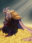  armor asgore_dreemurr beard blonde_hair blood blood_on_face blood_stain bloody_clothes cape crown cup facial_hair field flower flower_bed flower_field frown highres horns kayla_marquez light_rays male_focus monster_boy shoulder_pads signature solo spilling squatting standing sunlight tea teacup undertale 