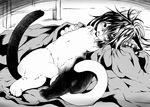  2_tails anthro blush cat claws digitigrade feline female flat_chested greyscale hair heterochromia hi_res hindpaw kemono koishi_chikasa looking_at_viewer lying mammal monochrome multiple_tails nipples nude on_back open_mouth paws pussy solo young 
