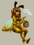  ... 2015 ? anthro arthropod bee breasts brown_hair cum dialogue digital_media_(artwork) english_text female green_eyes grey_background hair half-closed_eyes insect looking_at_viewer multi_limb multiple_arms navel simple_background solo speech_bubble teckworks text white_sclera wings 