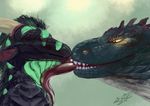  2015 anthro black_scales detailed digital_media_(artwork) dragon duo eyes_closed feral green_eyes green_scales hair hi_res horn kissing licking long_tongue male male/male mane multicolored_scales portrait scales scalie scritt scritt_(character) sensual simple_background smile spikes stripes teeth tongue tongue_out two_tone_scales white_scales yellow_eyes 