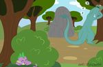  2015 anthro brown_hair bush caluriri cloud crossover cute dialogue dirt disney dragon duo english_text eyes_closed female friendship_is_magic grass green_scales hair hat hide_and_seek hiding male my_little_pony nessie nude open_mouth outside purple_scales rear_view rock scales scalie size_difference sky smile speech_bubble spike_(mlp) teeth text the_ballad_of_nessie tongue young 