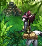  2015 amilia anthro back bag bottle canine clothed clothing day eliana-asato female foliage fur grass grey_fur hair happy hi_res jungle leaf leaves long_hair mammal nature open_mouth outside palm plant purple_hair pyramid shirt shorts smile solo standing tail_clothing tank_top watch watermark white_fur yellow_eyes 