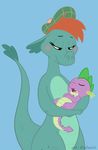  2014 anthro blue_background blush brown_hair caluriri crossover cute disney dragon drooling duo english_text eyes_closed female friendship_is_magic green_scales hair half-closed_eyes hat hi_res male motherly my_little_pony nessie nude open_mouth purple_scales raised_tail saliva scales scalie simple_background size_difference sleeping smile spike_(mlp) teeth text the_ballad_of_nessie tongue wide_hips young 