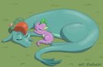  2014 anthro brown_hair caluriri crossover cute disney dragon duo english_text eyes_closed female friendship_is_magic grass green_scales hair hat male my_little_pony nessie nude outside purple_scales scales scalie simple_background size_difference sleeping spike_(mlp) text the_ballad_of_nessie young 