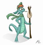  2014 anthro black_eyes blush brown_hair clothed clothing disney english_text female from-nihility hair hand_on_hip hat loch_ness_monster marine mostly_nude nessie sack scalie scarf simple_background smile solo stick text the_ballad_of_nessie wheat white_background 