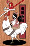  &gt;:) ambiguous_gender avian bird chicken clothed clothing digital_media_(artwork) dress duo feathers feral hi_res human japanese_text mammal pattern_background saddle simple_background smile text translated unknown_artist what white_feathers 