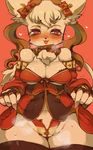  anthro blush breasts cleavage clothed clothing dofus ecaflip feline female mammal panties presenting ricosye skimpy solo thick_thighs underwear wide_hips 