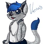  ambiguous_gender anthro blue_eyes blue_hair cat clothing computerdeathglare english_text facial_piercing feline fur hair leopard male mammal nose_piercing piercing septum_piercing shorts snow_leopard solo spots teenager text venus young 