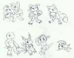  2010 agumon ambiguous_gender betamon canine claws clothed clothing crossed_arms digimon dinosaur dorumon dragon elecmon fin fur gaomon gloves gomamon group headband looking_at_viewer lunamon mammal marine monochrome navel nude one_eye_closed scales scalie simple_background sketch tigerlilylucky toe_claws traditional_media_(artwork) tuft veemon white_background wings wink 