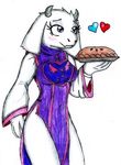  &lt;3 2015 anthro bluewolfavenger boss_monster breasts caprine clothed clothing female food fur goat hair hi_res horn long_ears mammal monster pie simple_background smile solo standing toriel undertale video_games white_background 