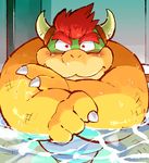  bath bathing biceps blush bowser chubby garousuki hair horn inside koopa male mario_bros nintendo red_eyes red_hair scalie solo sweat video_games water wet 