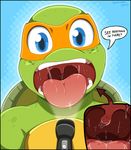  2014 anthro blue_background blue_eyes close-up dialogue english_text flashlight green_skin incredibleediblecalico light male mask michaelangelo_(tmnt) nude open_mouth reptile scalie shell simple_background speech_bubble teenage_mutant_ninja_turtles teeth text tongue tongue_out turtle 