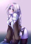  bent_over blush butt cleavage clothed clothing ear_piercing female hair hi_res horn humanoid jacket league_of_legends legwear open_jacket open_mouth open_shirt panties piercing purple_background purple_hair purple_theme shirt simple_background skimpy solo soraka standing underwear video_games よぇ＠菜瀬 