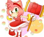  1girl amy_rose anthro black_nose boots clothing dress english_text female footwear furry gloves green_eyes hair hammer headband hedgehog mammal pink_hair sega short_hair smile solo sonic_(series) sonic_the_hedgehog text tools unknown_artist video_games 