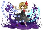  ascot blonde_hair danmaku darkness downscaled hair_ornament hair_ribbon kneehighs long_sleeves md5_mismatch open_mouth outstretched_arms red_eyes resized ribbon rumia shirt shoes short_hair skirt skirt_set smile socha solo touhou vest white_background white_legwear 