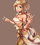  alternate_costume armband ass bare_shoulders blonde_hair brown_background brown_hair butt_crack djeeta_(granblue_fantasy) double_v granblue_fantasy harpist_(granblue_fantasy) hatahata_p_(taritari1648) looking_at_viewer simple_background sketch smile solo v 