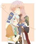  1boy 1girl couple female final_fantasy final_fantasy_xiii fingerless_gloves gloves green_eyes grey_hair highres hope_estheim karuha lightning_(ff13) lightning_farron long_hair male pink_hair short_hair 