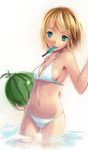  absurdres bikini blonde_hair breasts food fruit green_eyes highres holding holding_food holding_fruit kagamine_rin lino-lin medium_breasts mouth_hold popsicle short_hair sideboob solo swimsuit underboob vocaloid wading water watermelon 