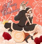  1girl antlers axis_powers_hetalia back-to-back belgium_(hetalia) black black_dress black_santa_costume blonde_hair boots bow breasts brother_and_sister cake christmas dress food fruit green_eyes hat large_breasts microcosmos netherlands_(hetalia) pastry santa_costume santa_hat siblings sitting star strawberry swiss_roll 