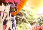  1girl black_hair blush closed_eyes couple flower hair_flower hair_ornament hetero holding_hands imminent_kiss interlocked_fingers japanese_clothes kimono koiso_kenji morning_glory nanase_jiro oriental_umbrella shinohara_natsuki summer_wars umbrella yukata 