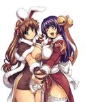  animal_ears bell blue_eyes breast_press breasts brown_hair bunny_ears cleavage curvy gloves high_priest high_wizard holding_hands large_breasts long_hair multiple_girls one_eye_closed purple_hair ragnarok_online symmetrical_docking thighhighs wide_hips xration 