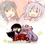  =_= anger_vein angry battle black_hair chibi duel fighting fujiwara_no_mokou hair_ribbon houraisan_kaguya kicking long_hair multiple_girls punching ribbon rivalry silver_hair simple_background socha sparkle touhou very_long_hair violence 