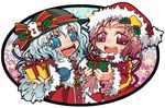  christmas emu_(toran) gift hat komeiji_koishi komeiji_satori multiple_girls ribbon santa_costume santa_hat siblings sisters touhou 
