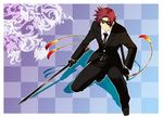  alternate_costume asbel_lhant bad_id bad_pixiv_id blue_eyes brown_hair checkered checkered_background eyepatch male_focus solo sword tales_of_(series) tales_of_graces tktg tuxedo weapon 